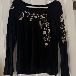 Staccato Black Long Sleeve Top with Floral Embroidery
